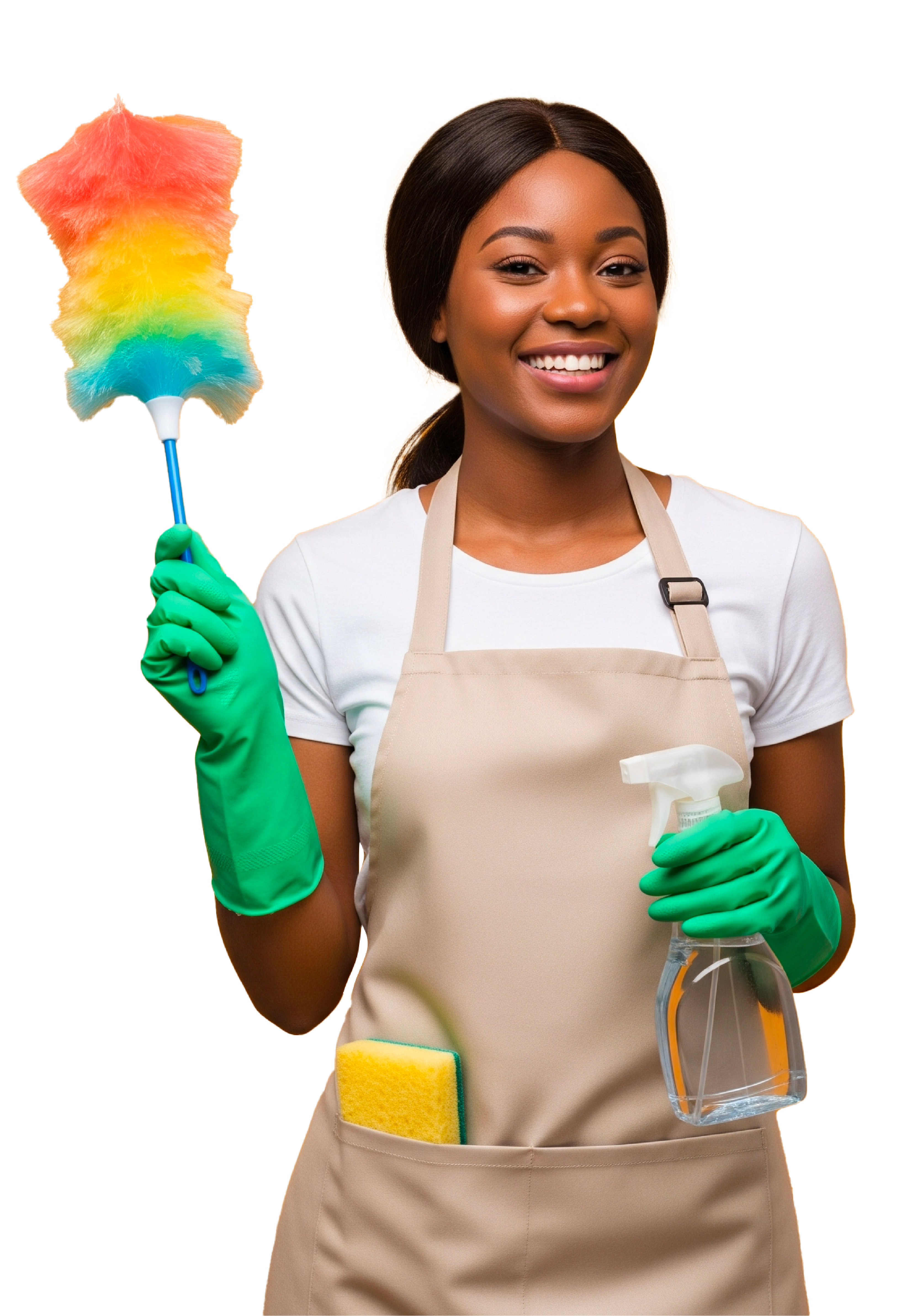 A friendly cleaner holding eco-friendly products.